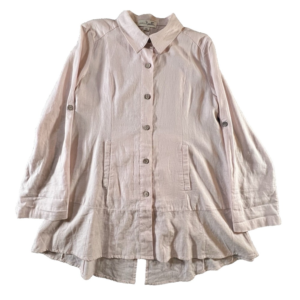 Simply Noelle Linen Blend Pink Button Front‎ Tunic Shirt S/M Roll Tab Sleeve